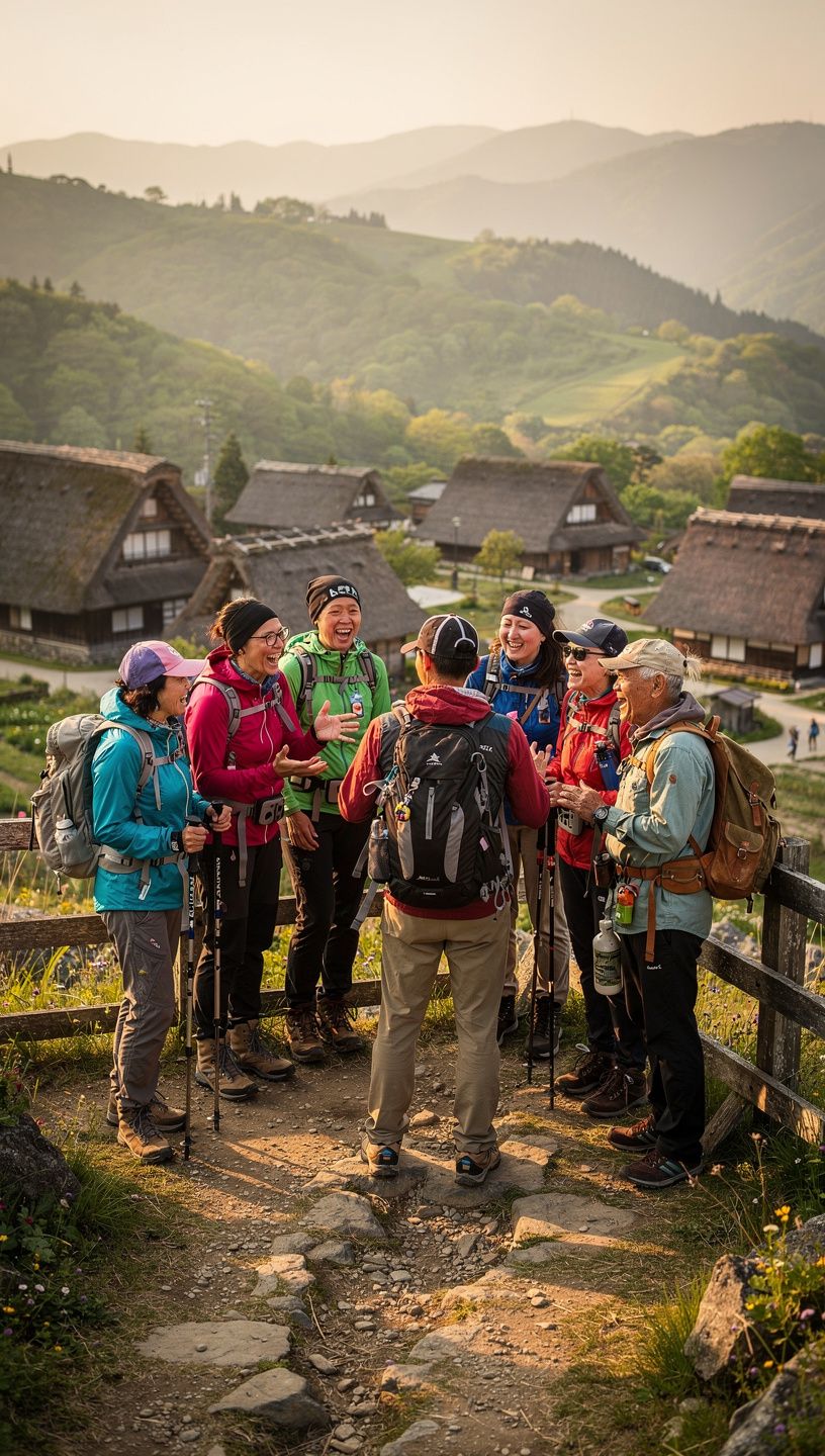 山道を歩くハイカーたちの楽しそうな笑顔