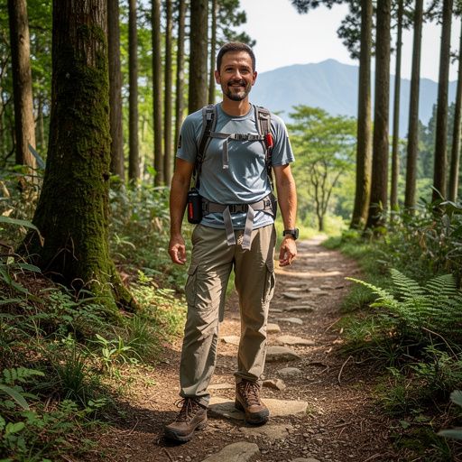 山道を歩くハイカーたちが、自然の美しさを楽しんでいる風景。